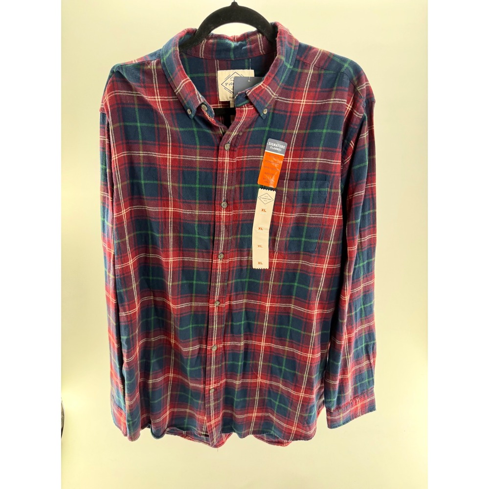 St Johns Bay Mens XL Signature Soft Flannel Shirt Navy Multi Plaid Cotton NWT